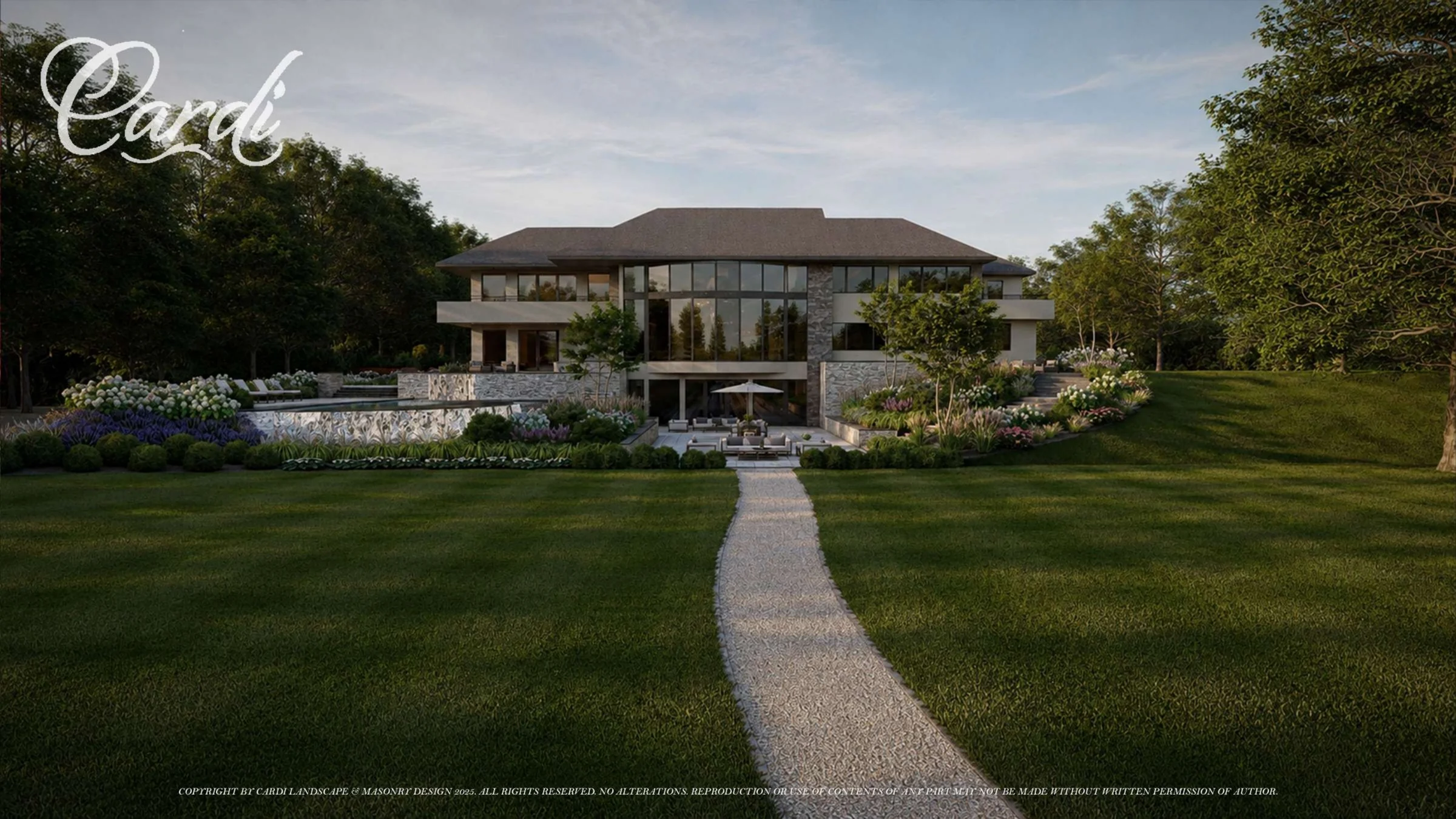 Wide Sands Point rear-yard rendering showing the modern home, raised pool, lawn walk, lower terrace, and layered gardens