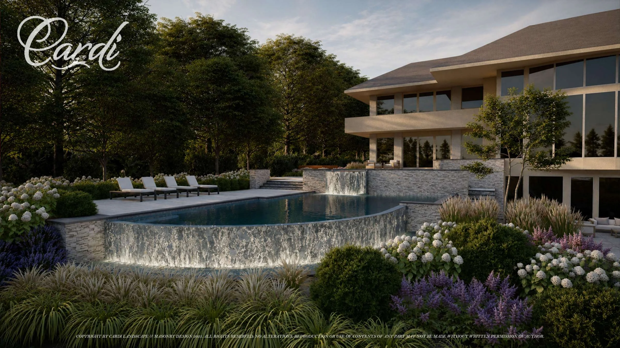 Close Sands Point pool rendering with illuminated transparent wall, sheer-descent water feature, chaise seating, and layered planting