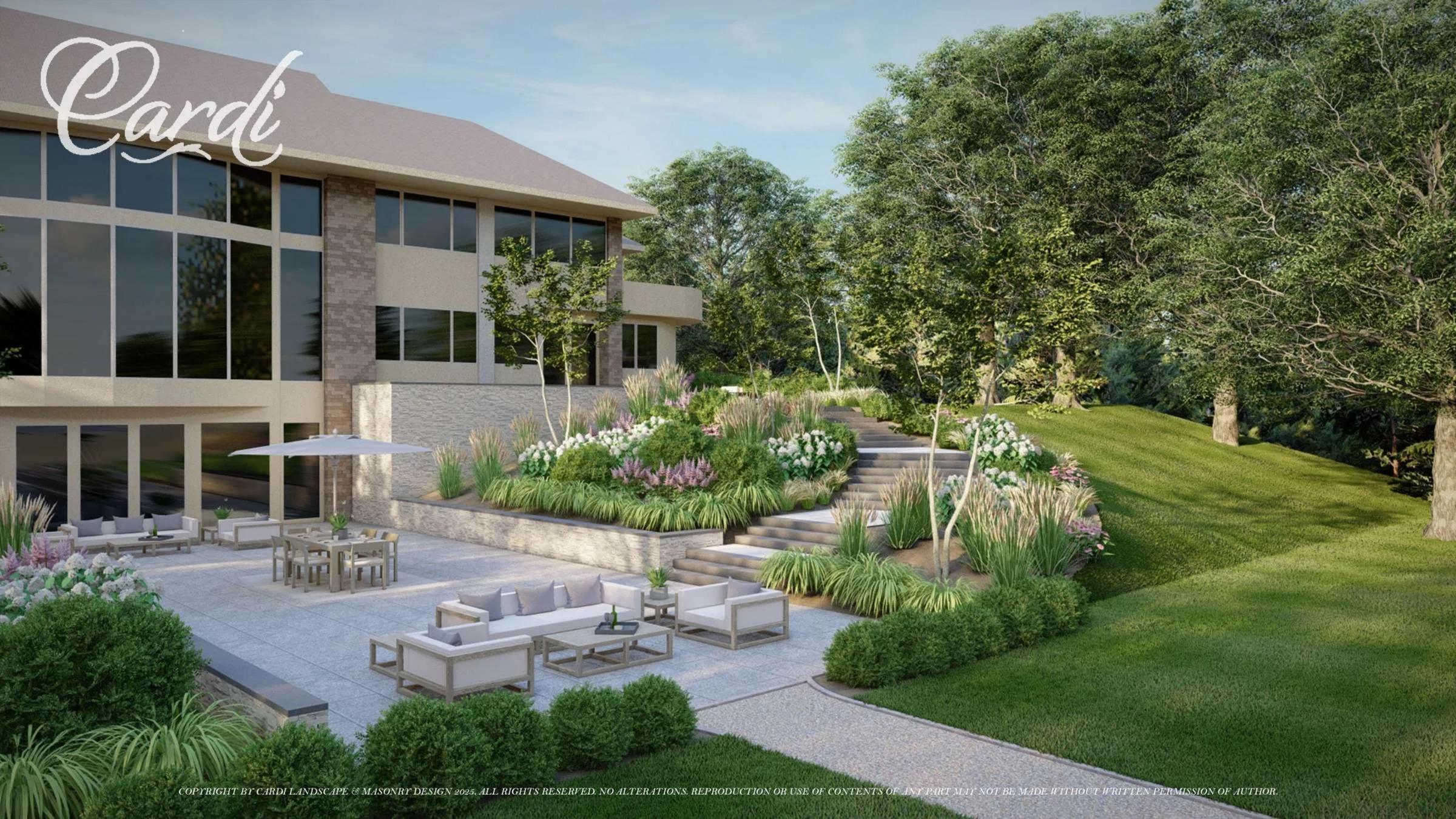 Sands Point lower outdoor lounge and dining terrace with broad garden steps and layered flowering planting