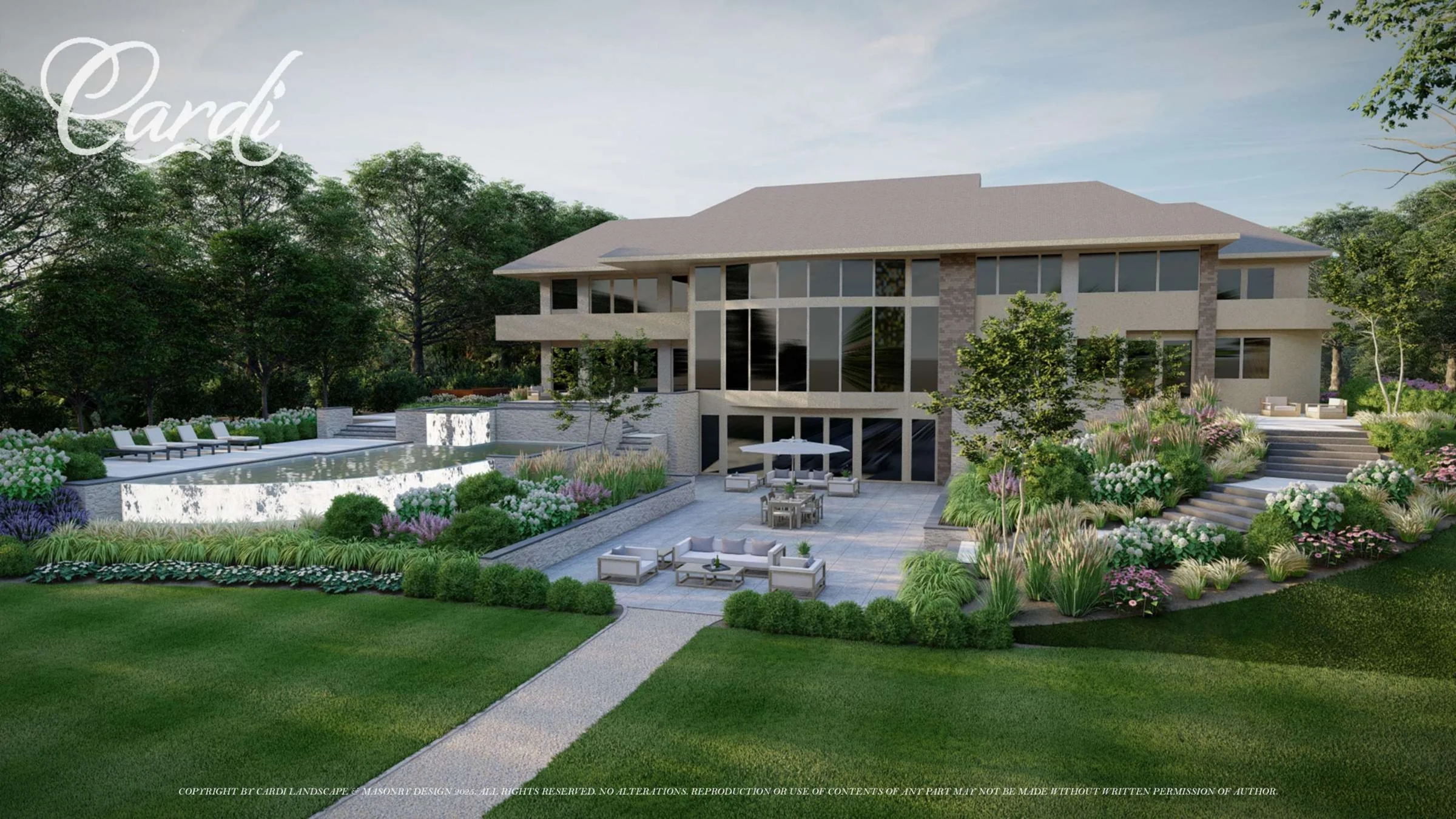 Full rear elevation — pool, entertaining terrace, terraced planting, lawn, and circulation