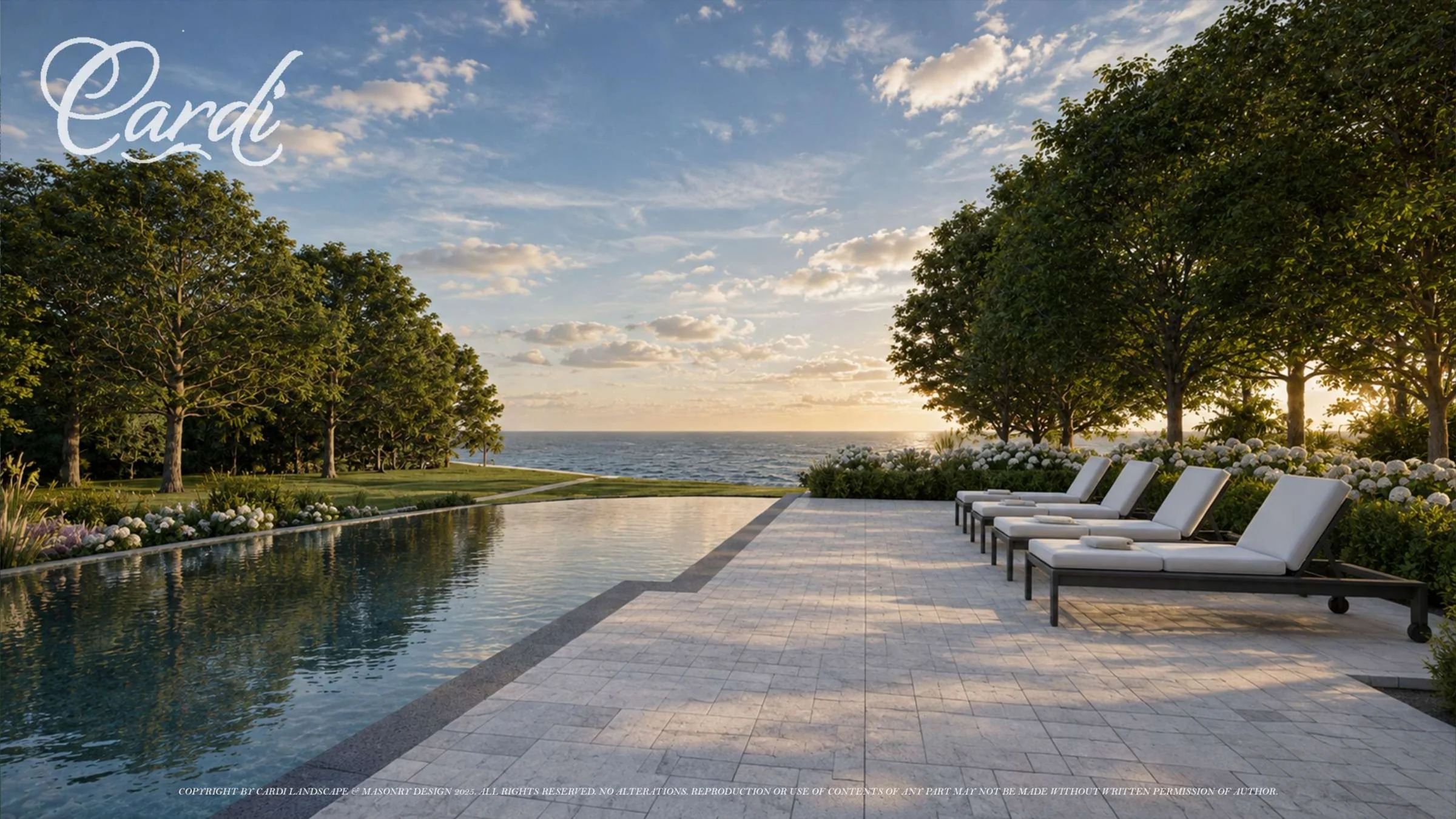 Sands Point waterfront pool rendering with chaise terrace, flowering border, mature trees, and sunset horizon