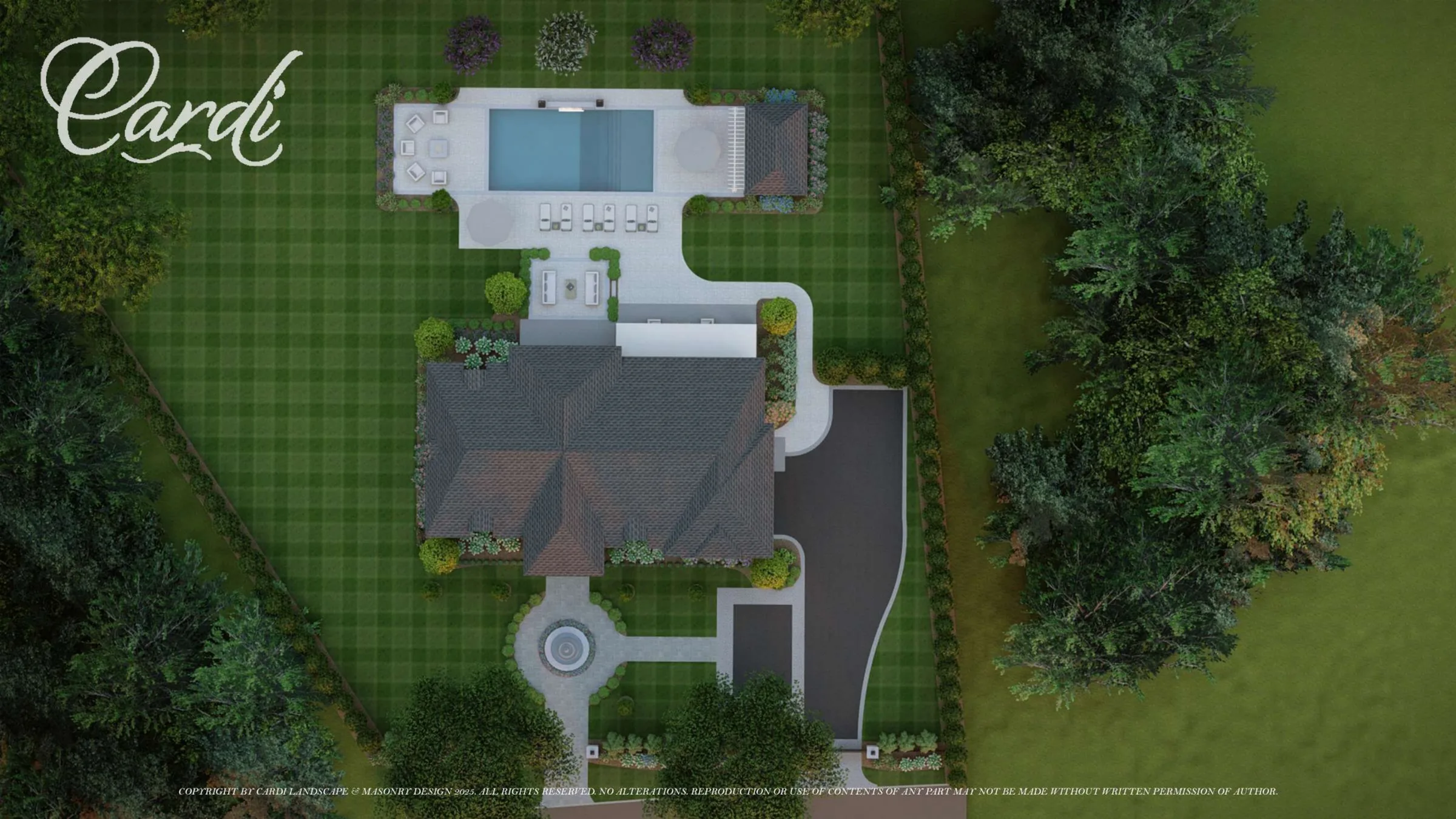 Overhead Tuxedo Hills Melville design rendering with fountain-centered front arrival, rectangular rear pool, terraces, lawns, and perimeter trees