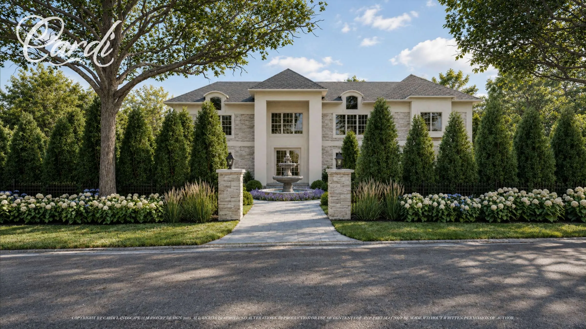 Formal front approach — central fountain walk, gated entry piers, flowering borders, and evergreen privacy planting