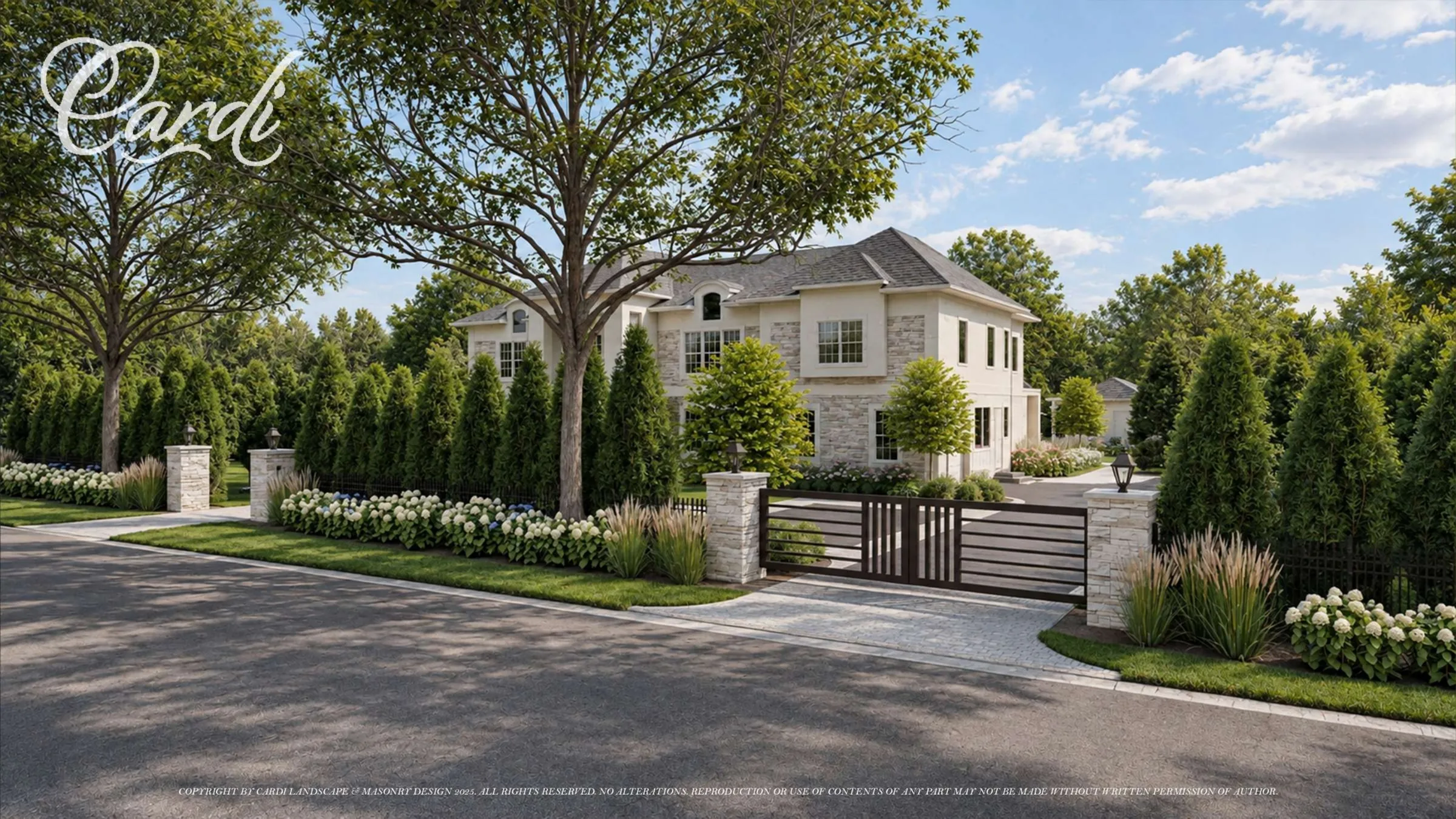 Daytime entry concept — gated drive, mature shade trees, structured lawn, and layered front landscape