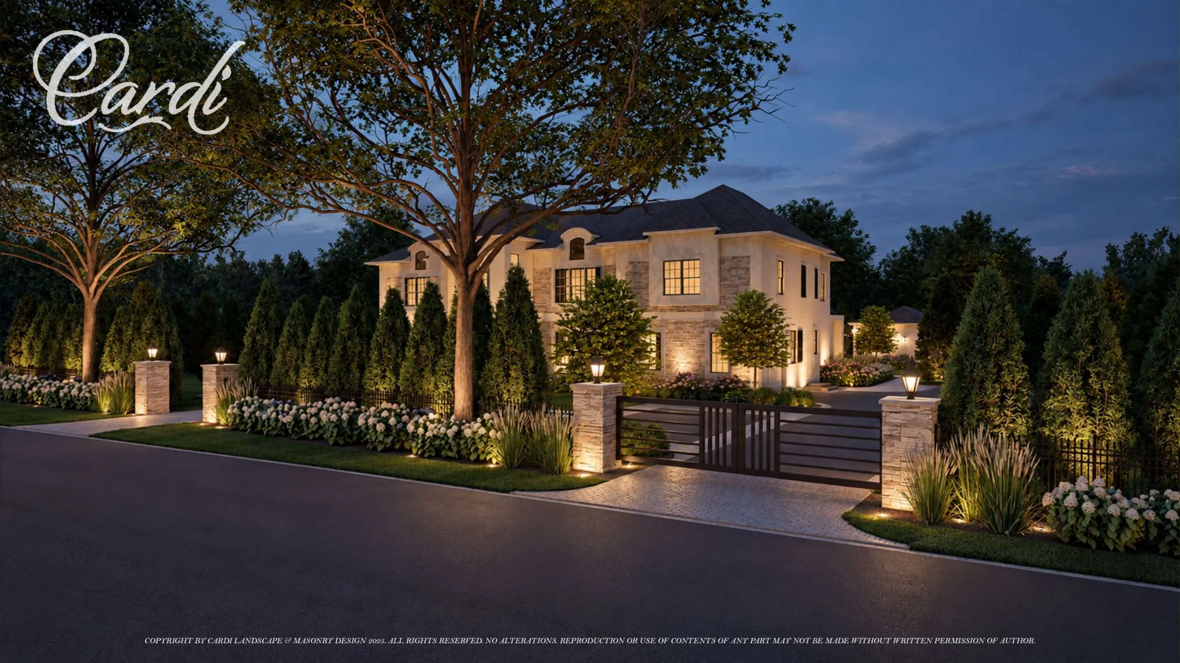 Dusk entry concept — illuminated facade, gate piers, specimen trees, and integrated landscape lighting