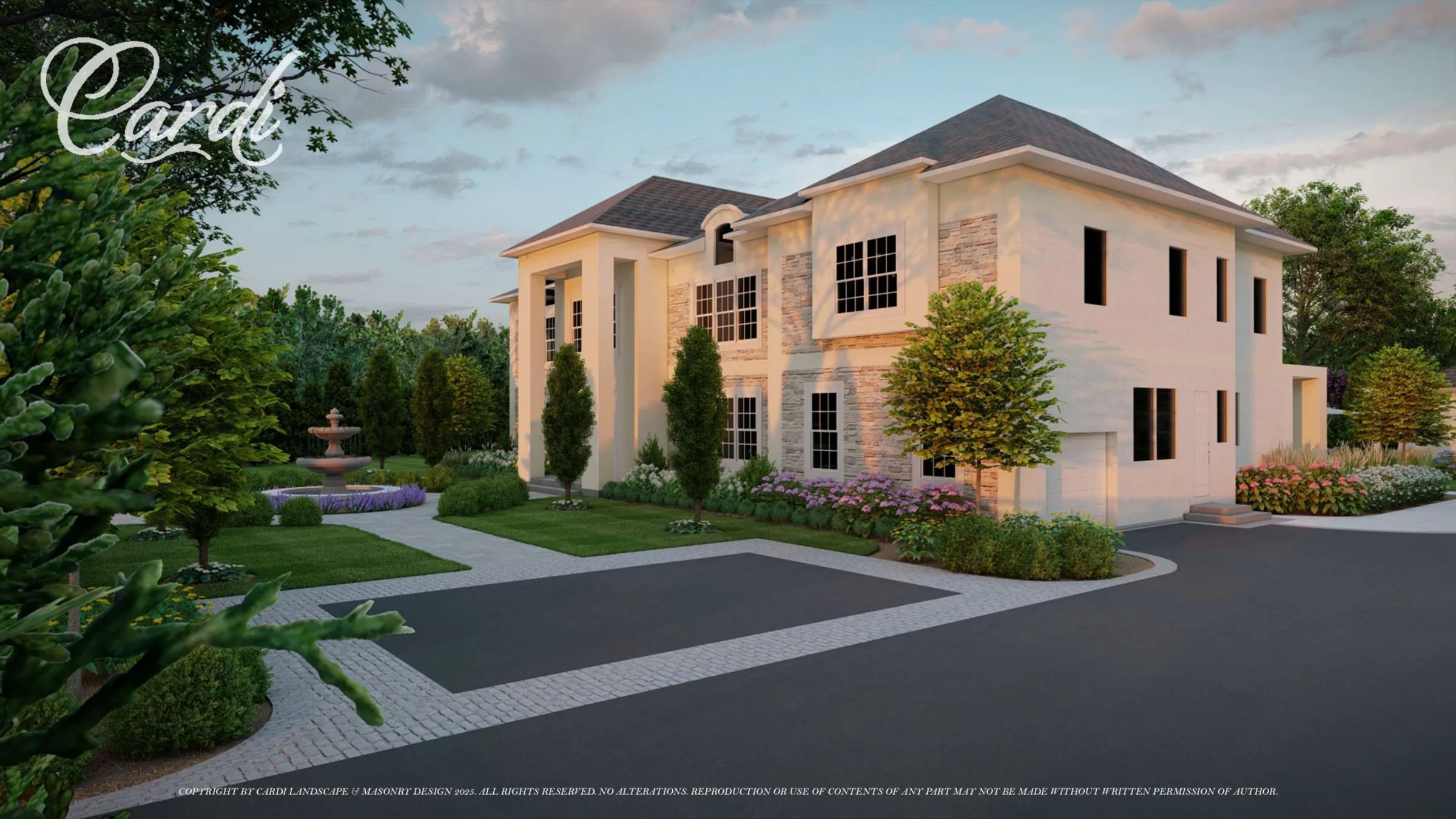 Front drive court — columned entry, fountain axis, pale paving, and structured foundation planting