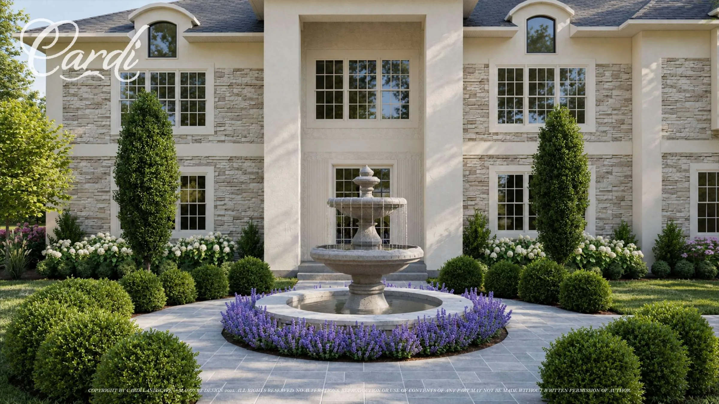 Tuxedo Hills Melville front fountain rendering framed by clipped shrubs, columnar evergreens, white flowers, and purple border planting