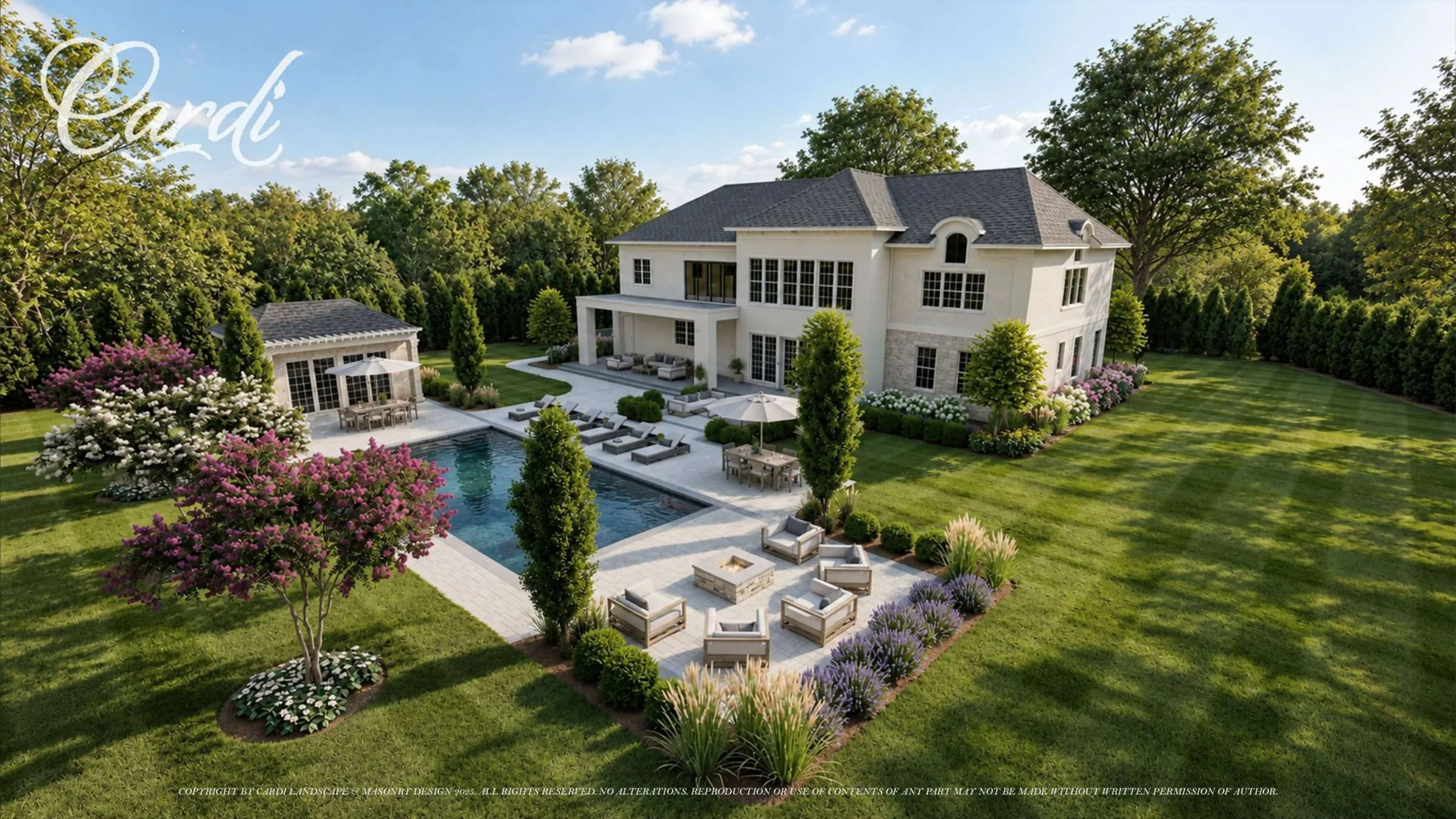 Elevated Tuxedo Hills Melville rear-yard design rendering with rectangular pool, pavilion, covered lounge, dining terraces, fire seating, and open lawn