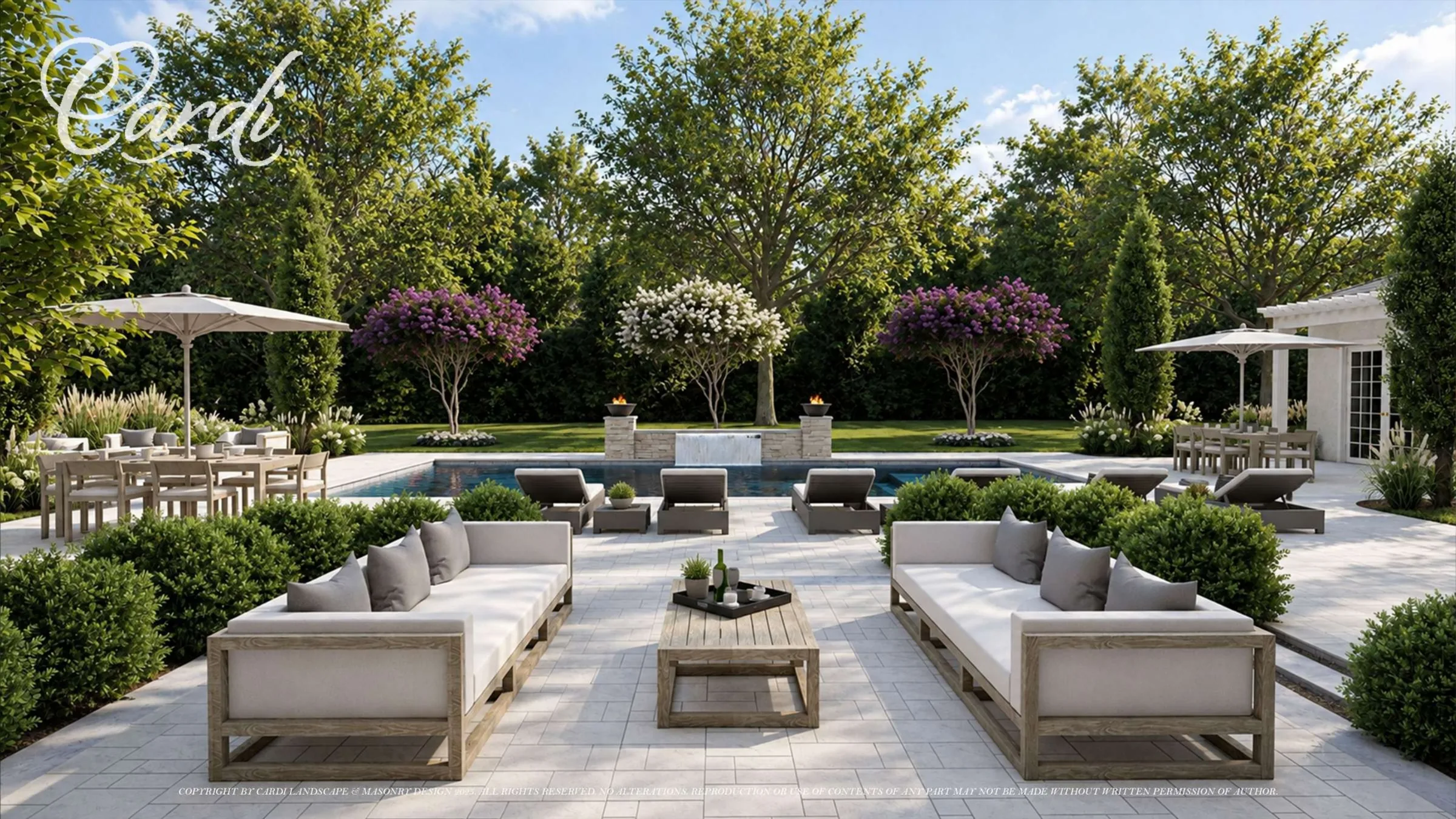 Tuxedo Hills Melville poolside design rendering with facing sofas, dining terrace, chaise lounges, raised water wall, and flanking fire bowls