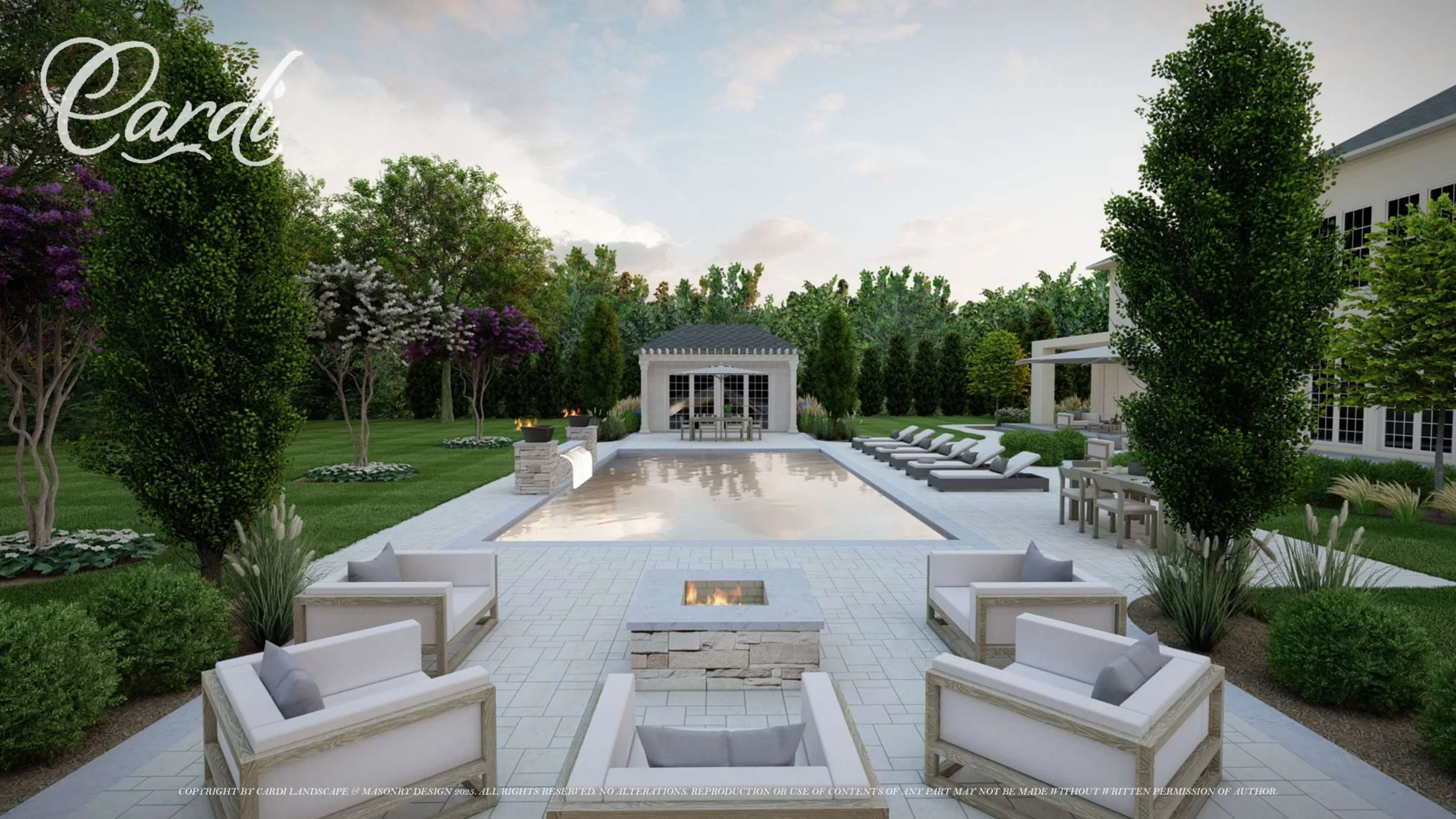 Reverse pool view — fire-feature lounge, pavilion, chaise terrace, covered house lounge, and layered planting