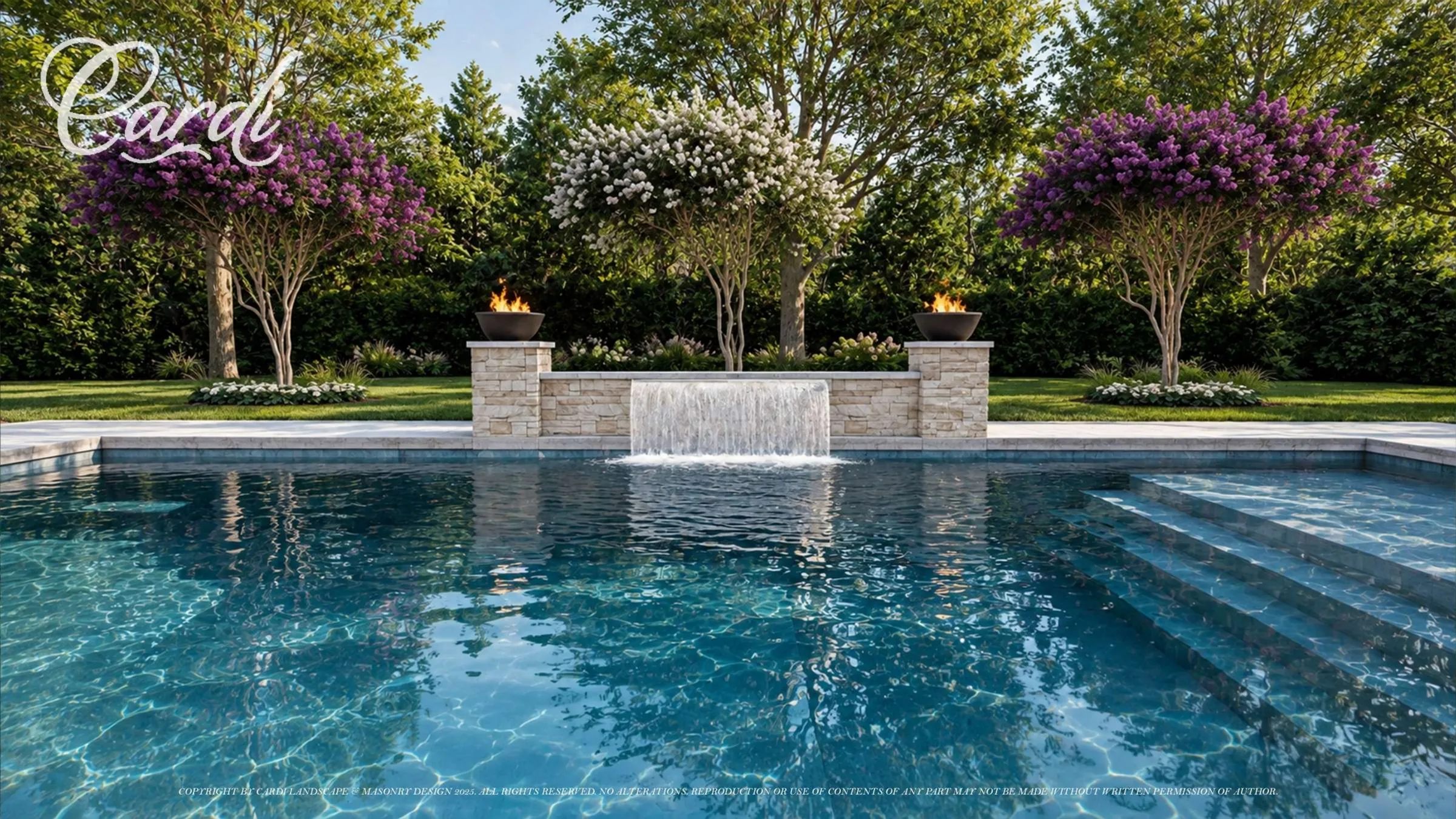 Tuxedo Hills Melville pool water-feature rendering with central water descent, two fire bowls, submerged steps, and symmetrical flowering trees